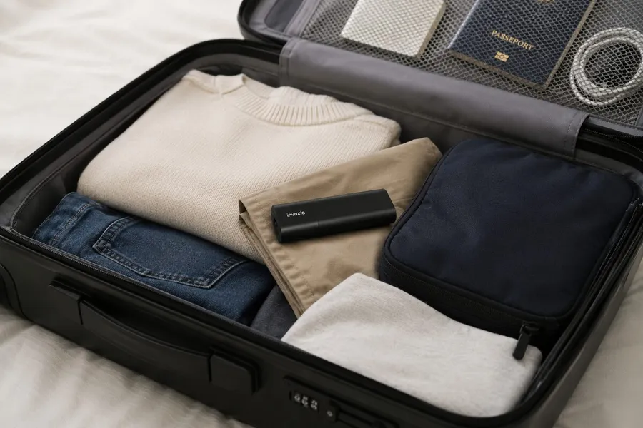 Un GPS Tracker Pro Max glissé entre des vêtements pliés dans une valise ouverte