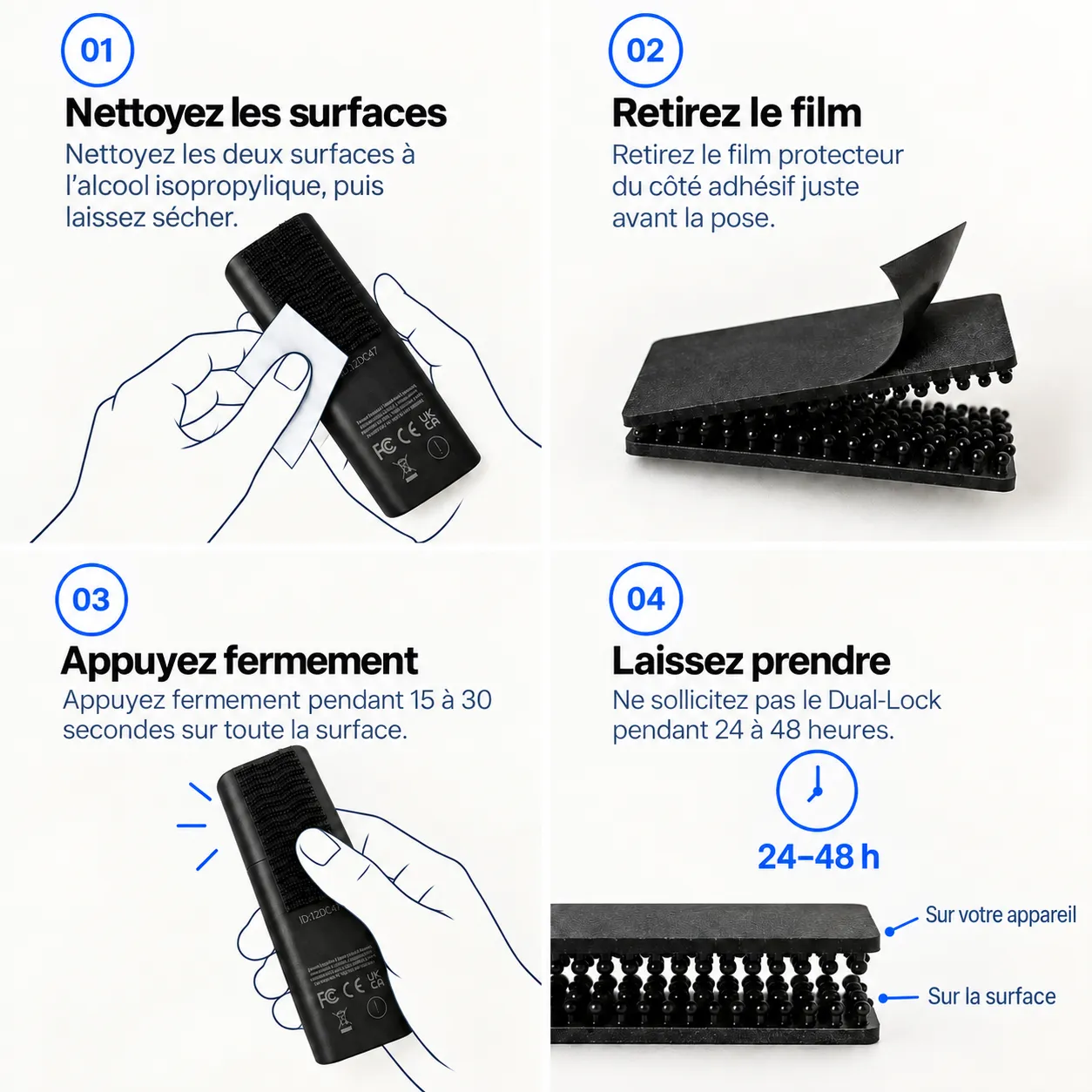 Les quatre étapes de pose du Dual-Lock : nettoyer les surfaces, retirer le film, presser fermement, laisser prendre 24 à 48 h