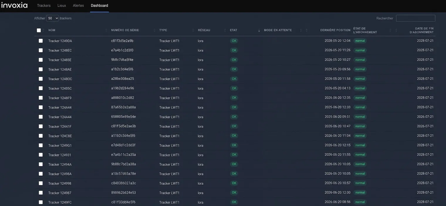 Invoxia Tracking Hub fleet dashboard