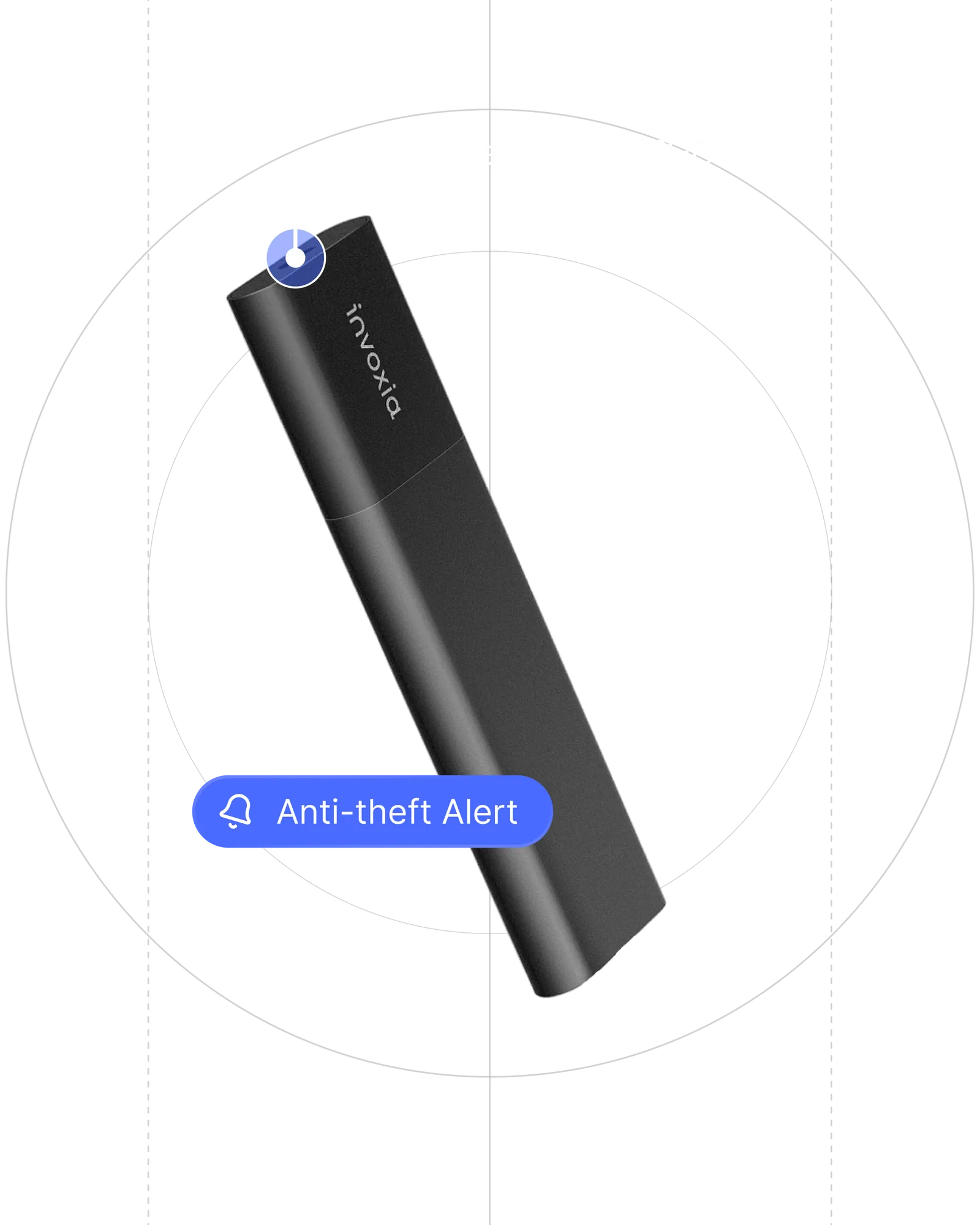 An Invoxia Tracker GPS Classic Edition 2026 GPS tracker on a black background with indications of its waterproof USB-C port and anti-theft alert features