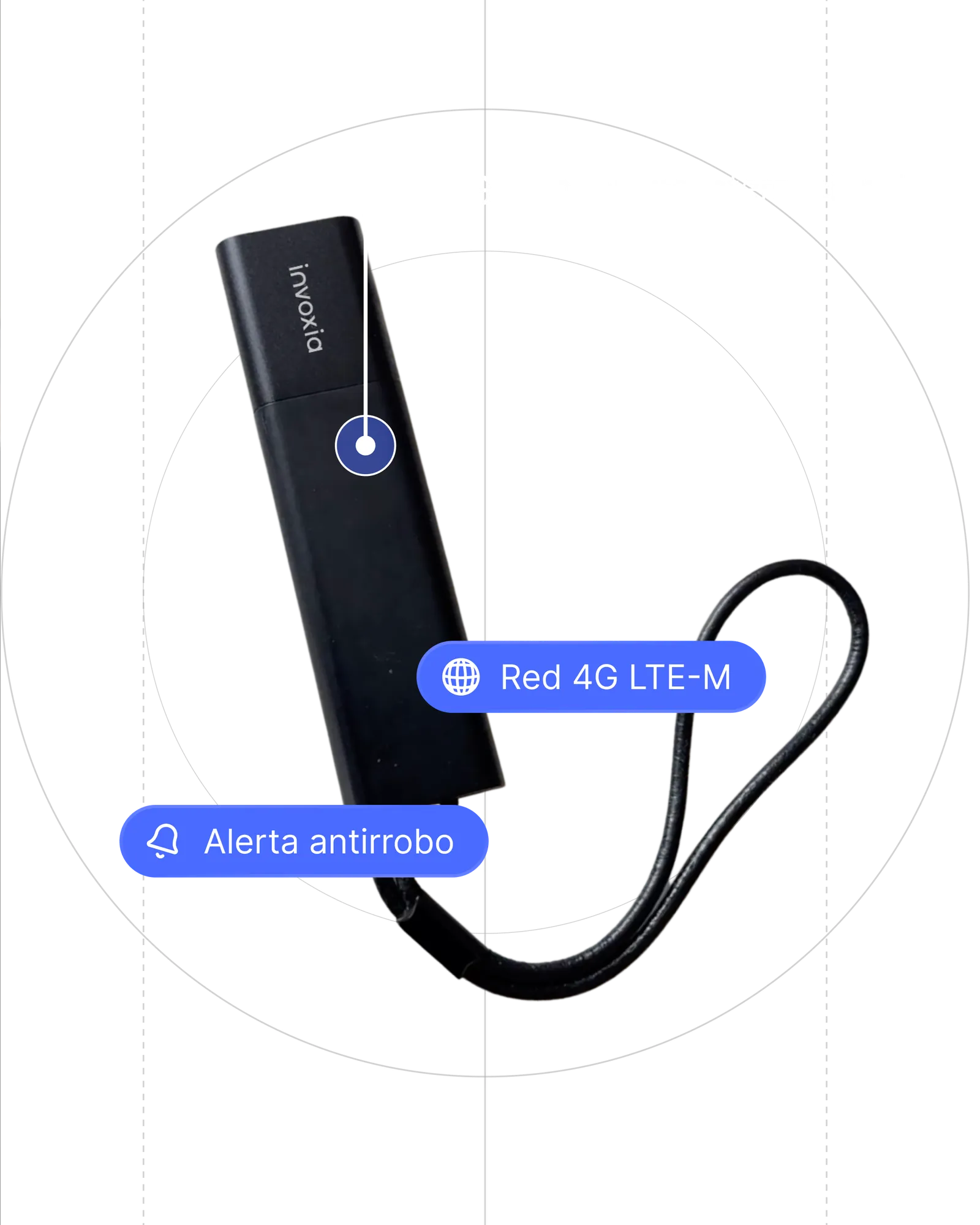 un Tracker GPS Pro sobre un fondo negro destacando sus características antirrobo y cobertura internacional