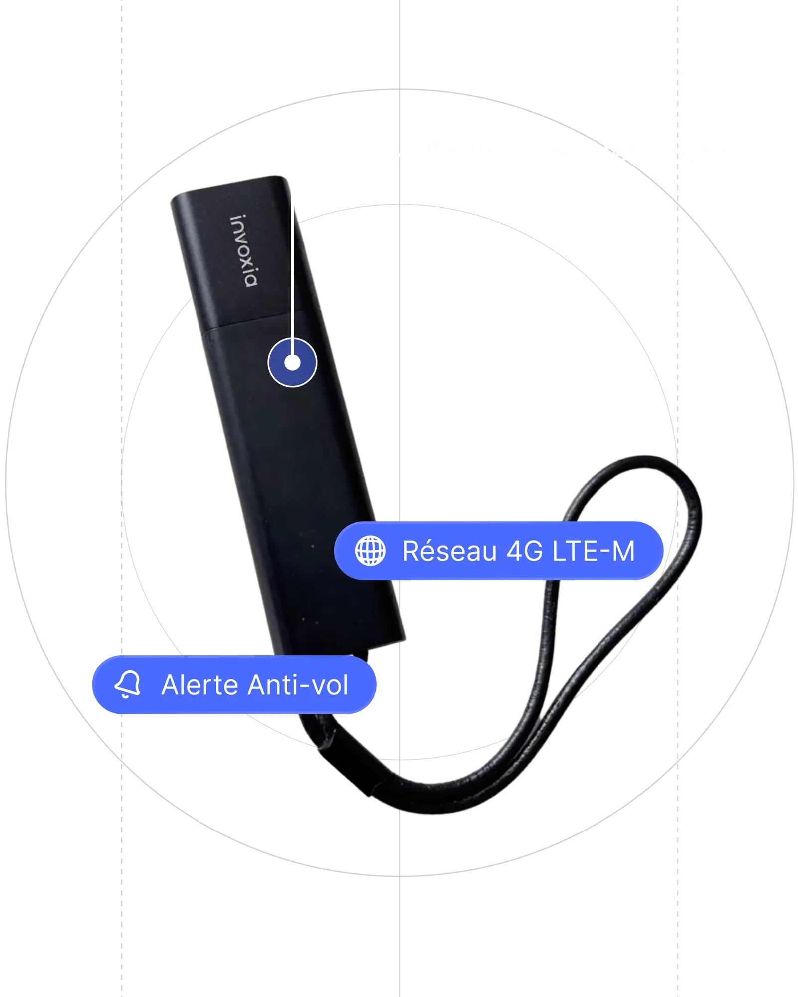 un Tracker GPS Pro sur fond noir avec mention de ses fonctionnalités anti-vol et couverture internationale