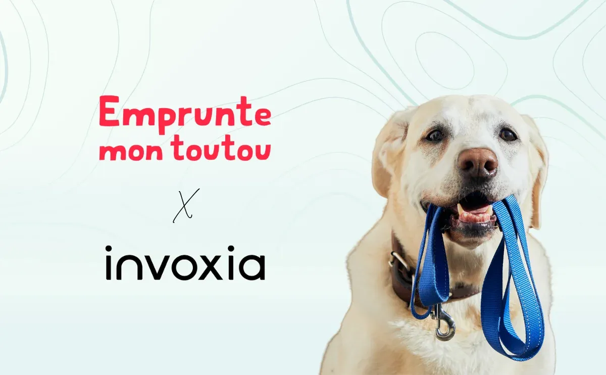 Logos von Emprunte mon toutou und Invoxia mit einem Labrador, der seine Leine im Maul hält