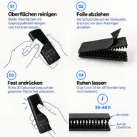 Die vier Schritte zur Anbringung von Dual-Lock: Oberflächen reinigen, Schutzfolie entfernen, fest andrücken, 24 bis 48 Stunden aushärten lassen