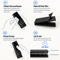 The four Dual-Lock fitting steps: clean the surfaces, peel off the film, press firmly, let it set for 24 to 48 hours