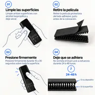 Los cuatro pasos de instalación del Dual-Lock: limpiar las superficies, retirar la película, presionar firmemente, dejar fijar 24 a 48 h