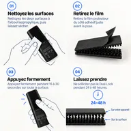 Les quatre étapes de pose du Dual-Lock : nettoyer les surfaces, retirer le film, presser fermement, laisser prendre 24 à 48 h