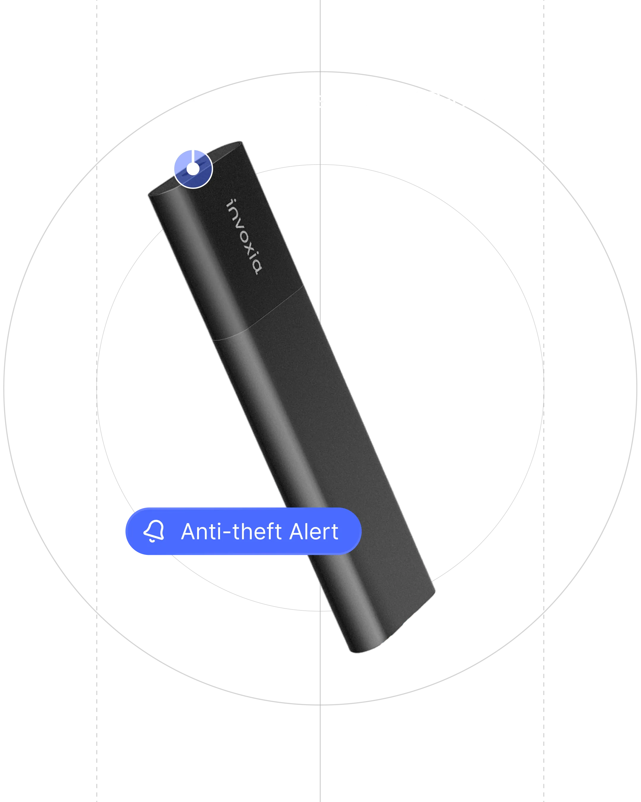 An Invoxia Tracker GPS Classic Edition 2026 GPS tracker on a black background with indications of its waterproof USB-C port and anti-theft alert features