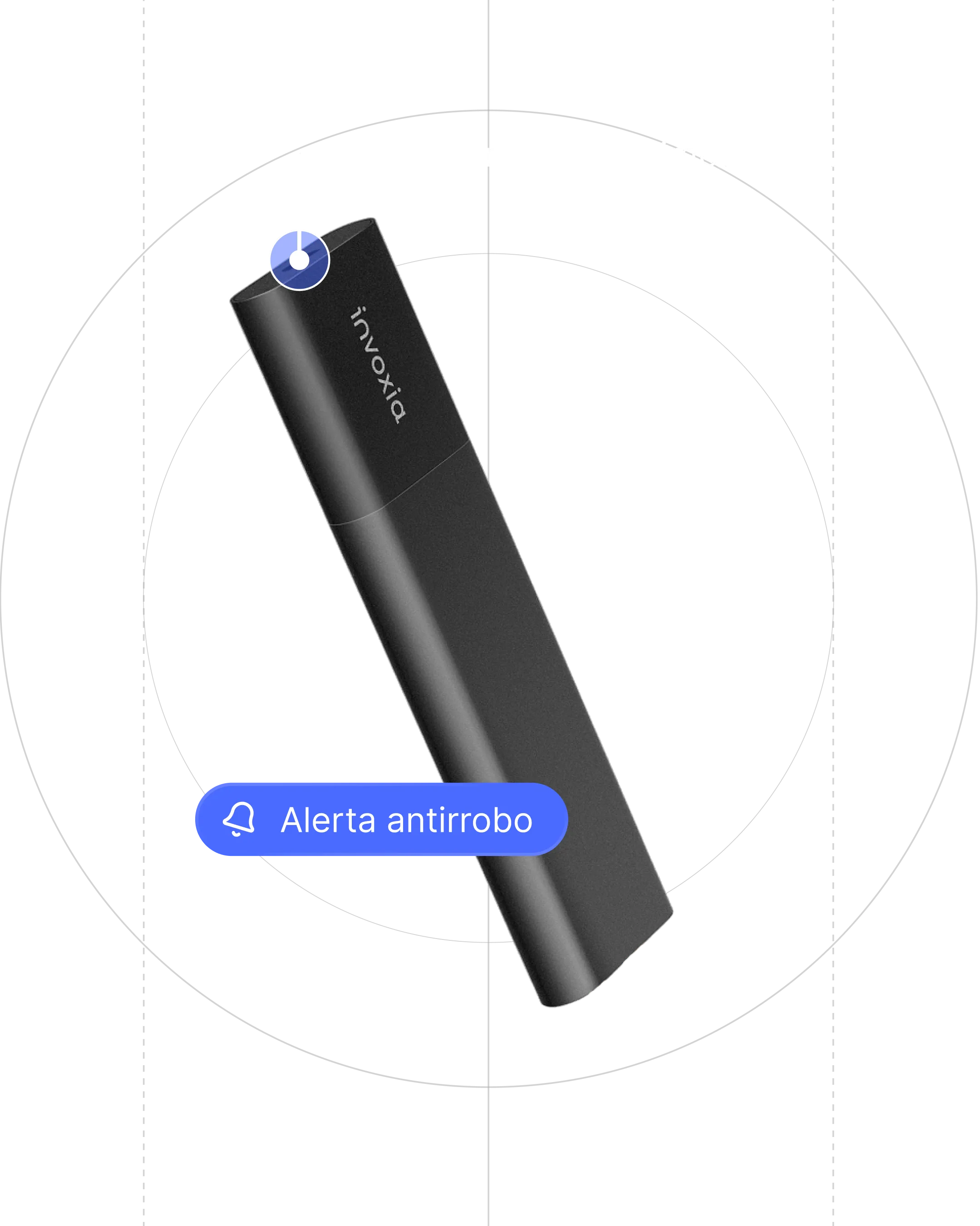 Un localizador GPS Invoxia Classic Edition 2026 sobre un fondo negro con indicaciones de su puerto USB-C impermeable y características de alerta antirrobo