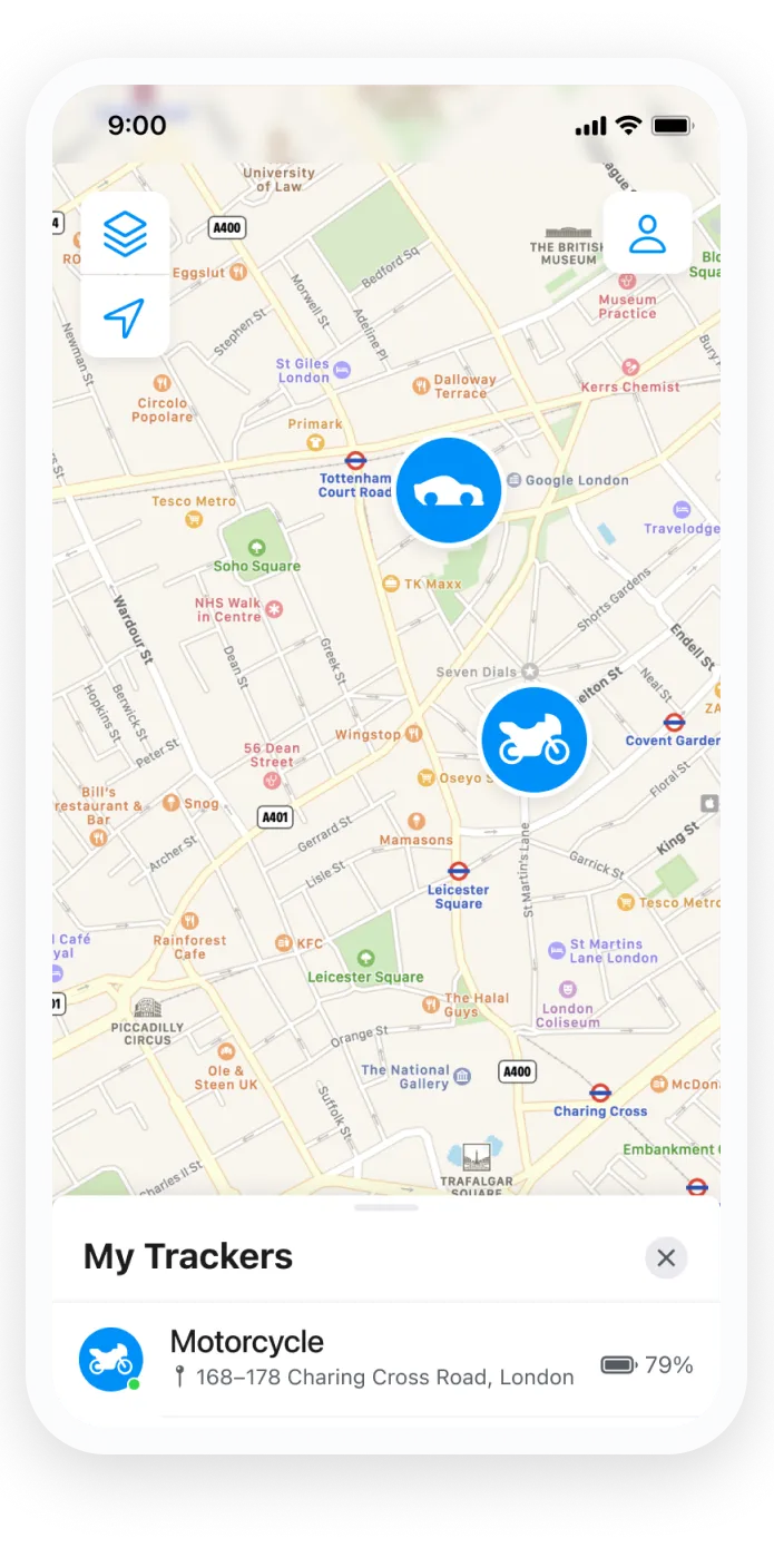 A screenshot of the Invoxia GPS application showing a car and a motorcycle on a map in Paris, with a movement alert notification for the car.