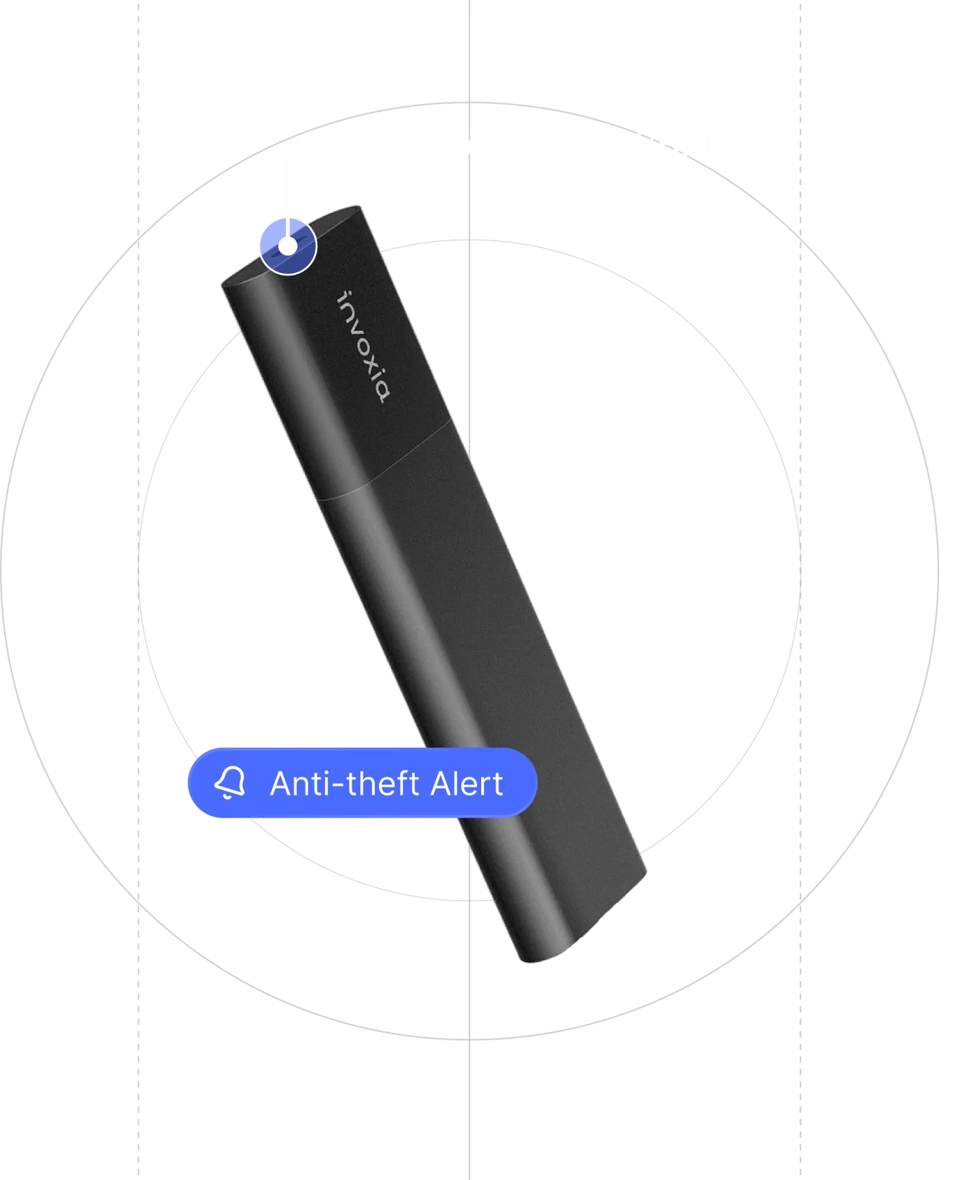 An Invoxia Tracker GPS Classic Edition 2026 GPS tracker on a black background with indications of its waterproof USB-C port and anti-theft alert features