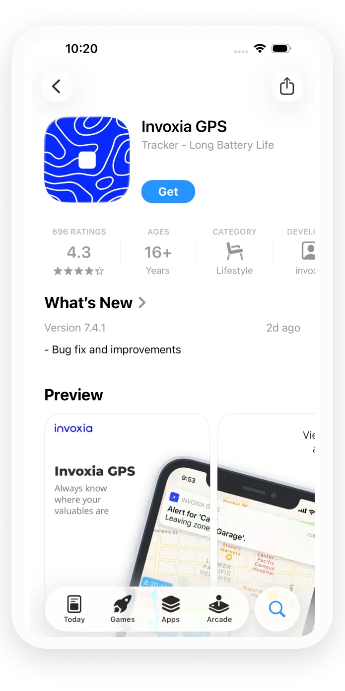 A screenshot of the Invoxia GPS application in the App Store