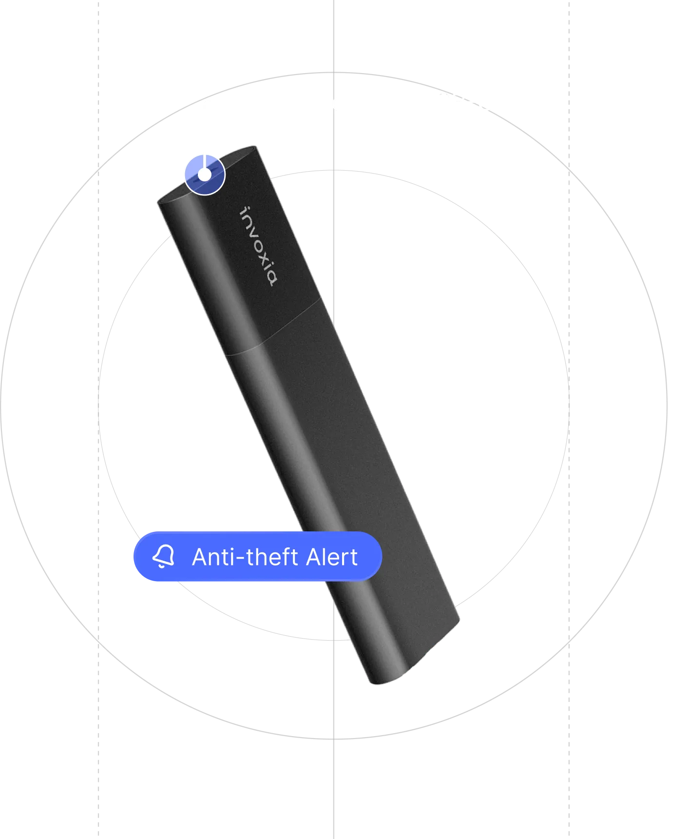 An Invoxia Tracker GPS Classic Edition 2026 GPS tracker on a black background with indications of its waterproof USB-C port and anti-theft alert features