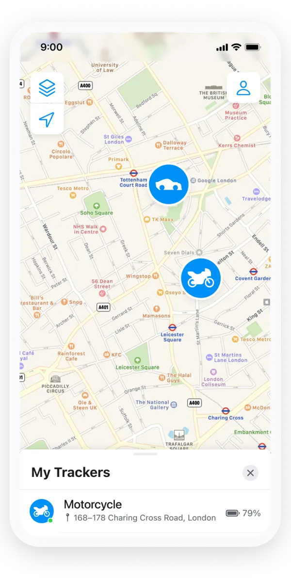 A screenshot of the Invoxia GPS application showing a car and a motorcycle on a map in Paris, with a movement alert notification for the car.