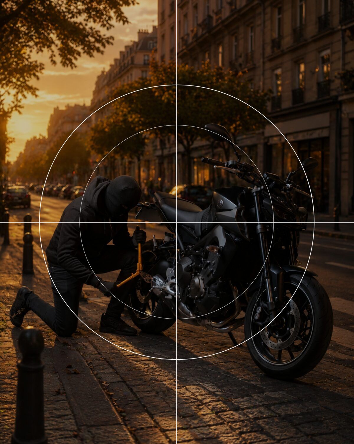 Voleur accroupi à côté d’une moto garée dans une rue de la ville au crépuscule, pris dans le viseur du tracker