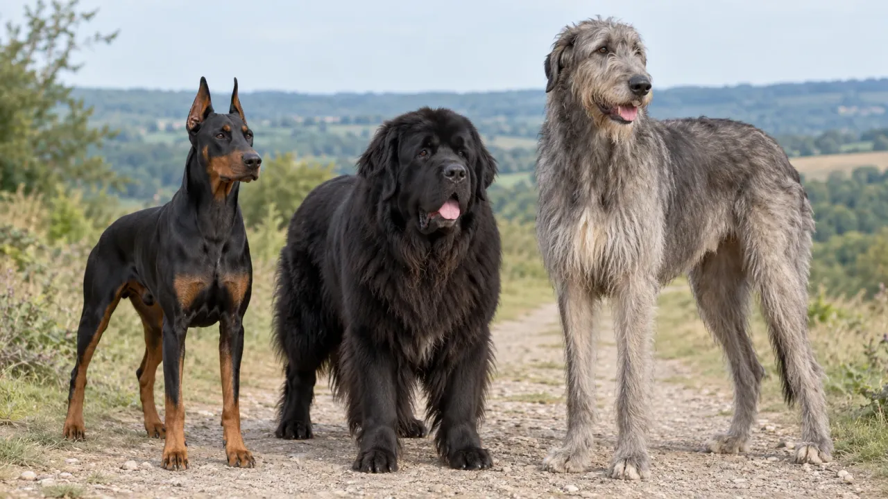 Ein Dobermann, ein Neufundländer und ein Irischer Wolfshund auf einem Weg in der Natur