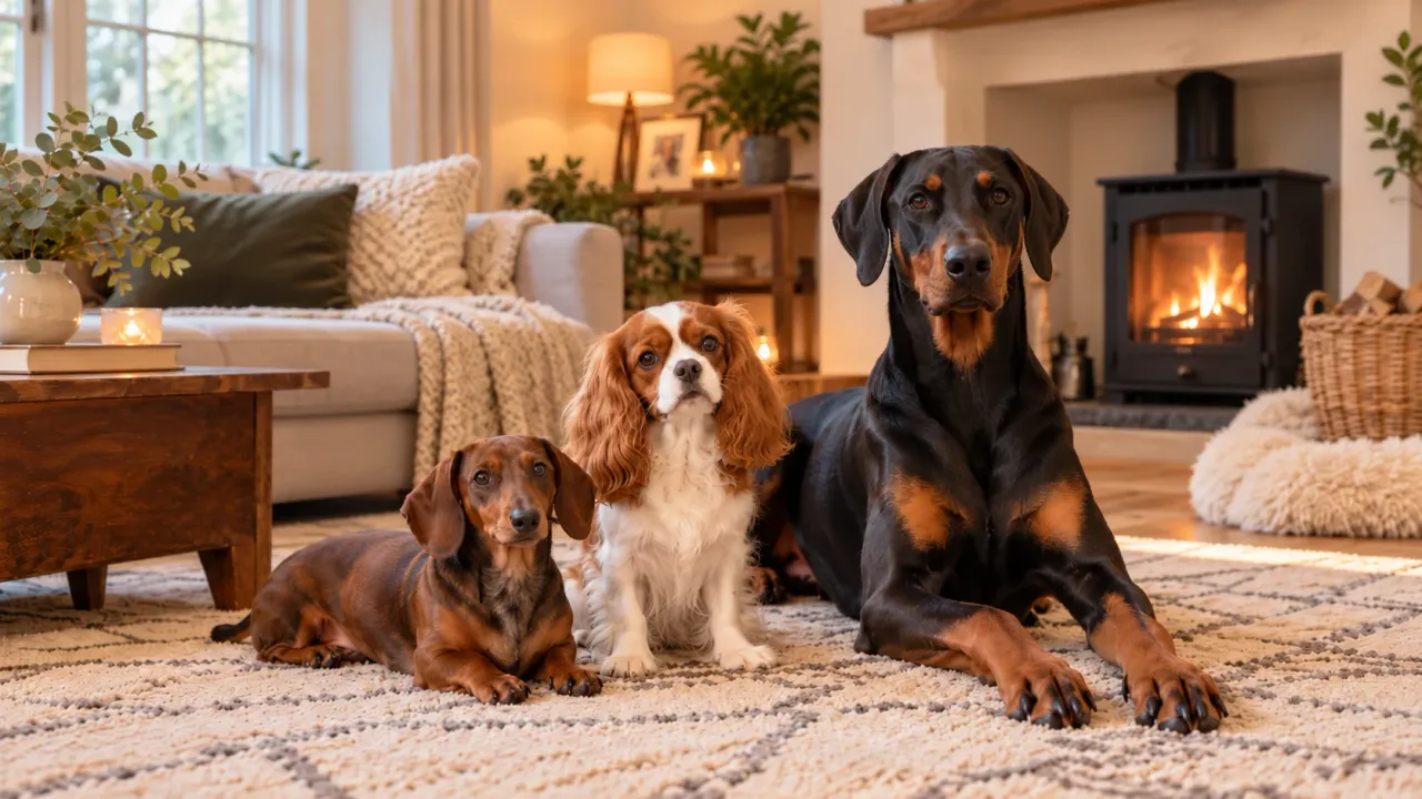 Un teckel, un Cavalier King Charles y un dóberman sobre una alfombra junto a una estufa encendida