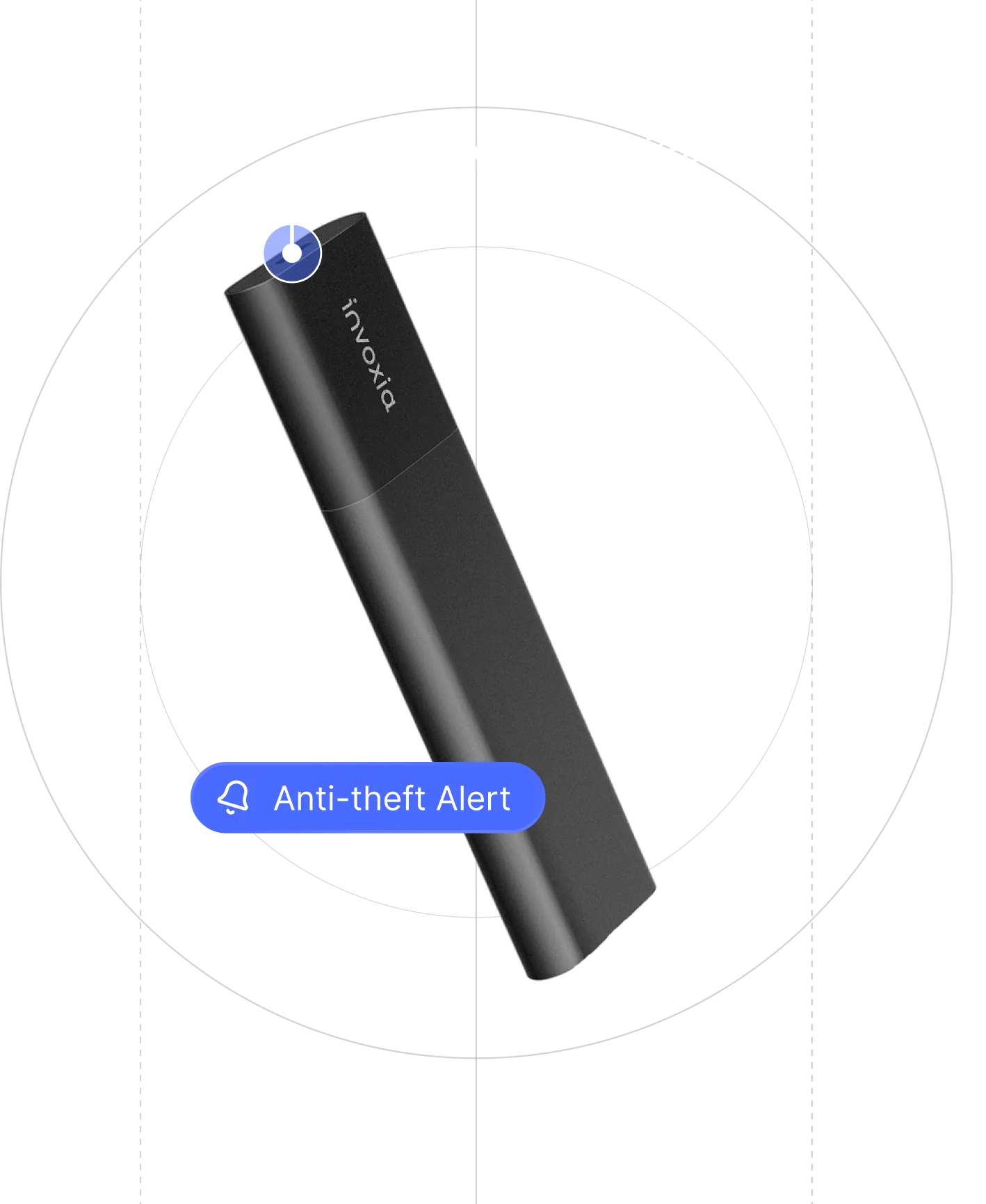 An Invoxia Tracker GPS Classic Edition 2026 GPS tracker on a black background with indications of its waterproof USB-C port and anti-theft alert features
