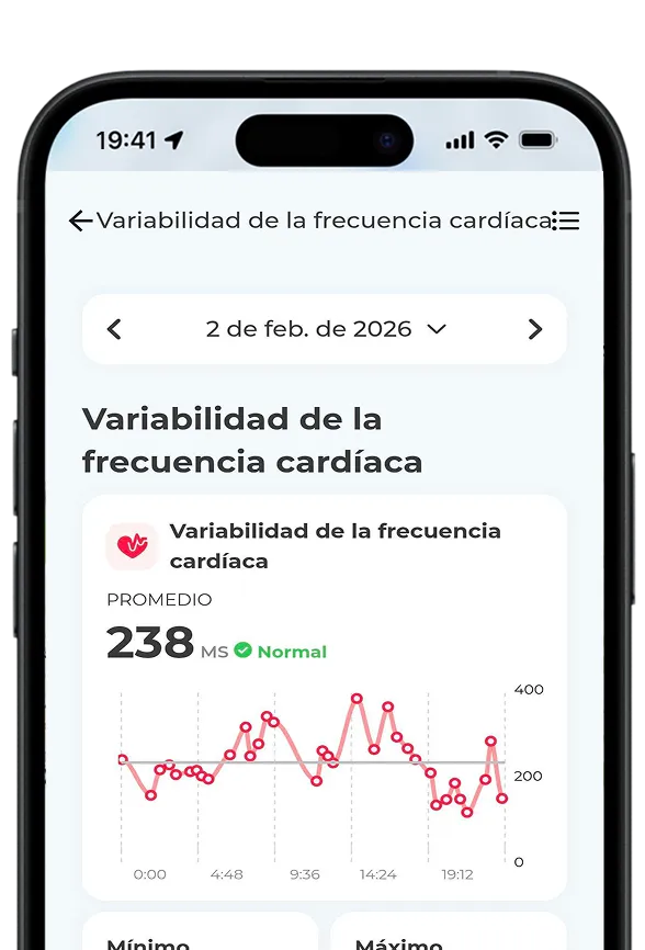 Pantalla de variabilidad de la frecuencia cardíaca en la aplicación Invoxia