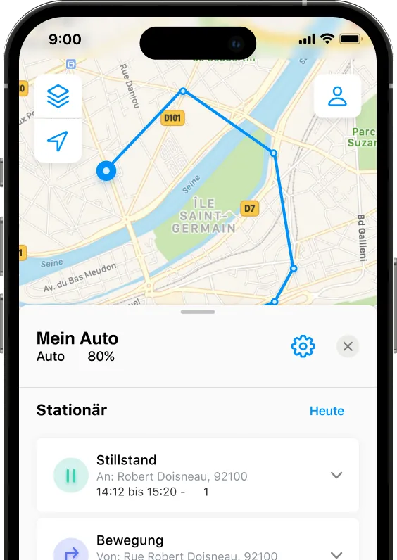 Screenshot des Standortes und der Tracking-Historie eines Fahrzeugs in der Invoxia GPS-App. Regelmäßige GPS-Punkte können beobachtet werden.