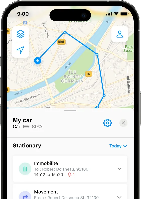 Screenshot of the location and tracking history of a car on the Invoxia GPS app. Regular GPS points can be observed.