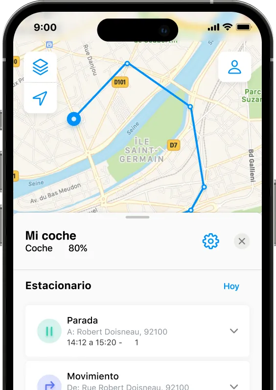 Captura de pantalla del historial de localización y seguimiento de un coche en la aplicación Invoxia GPS. Se pueden observar puntos GPS regulares.