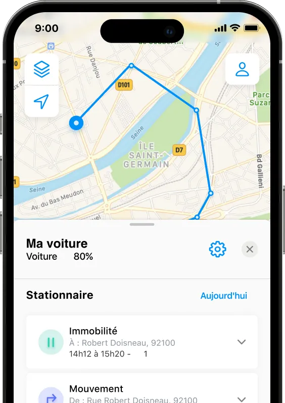 Capture d'écran de la localisation et de l'historique de suivi d'une voiture sur l'application GPS Invoxia. Des points GPS réguliers peuvent être observés.