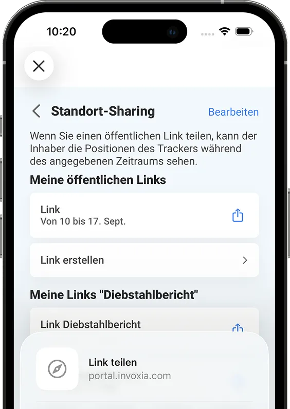 Screenshot der Funktion zur Standortfreigabe in der Invoxia GPS-App.