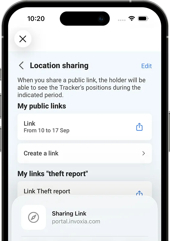 Screenshot of the location sharing feature on the Invoxia GPS app.