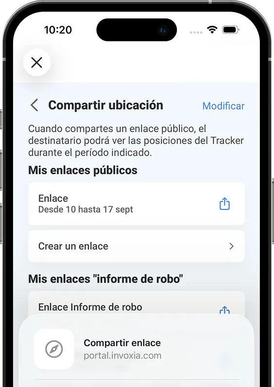 Captura de pantalla de la función para compartir la ubicación en la aplicación Invoxia GPS.