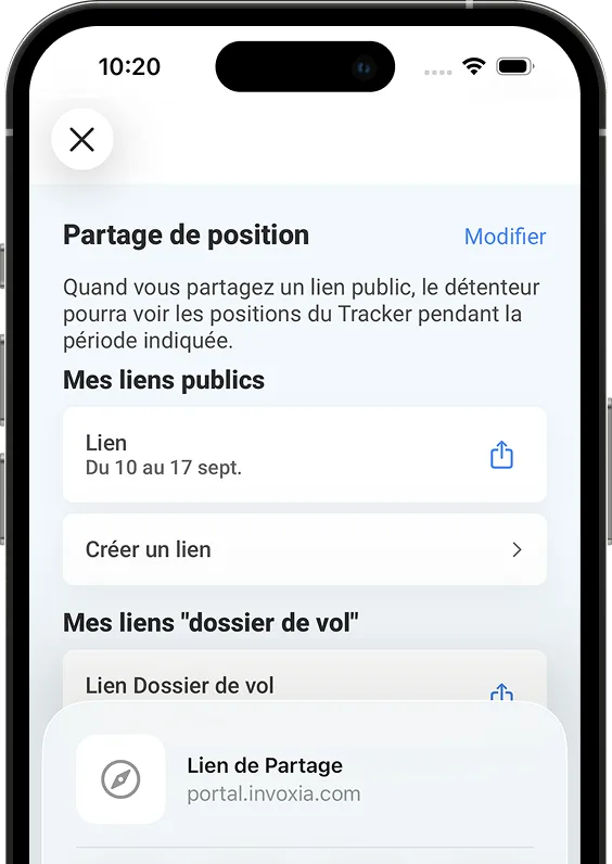 Capture d'écran de la fonction de partage de localisation de l'application GPS Invoxia.