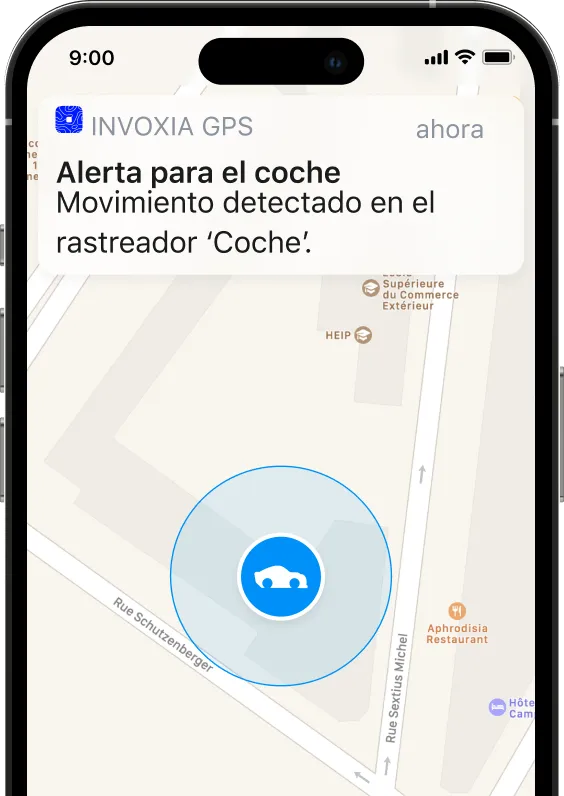 Captura de pantalla de una alerta de movimiento de coche en la aplicación Invoxia GPS