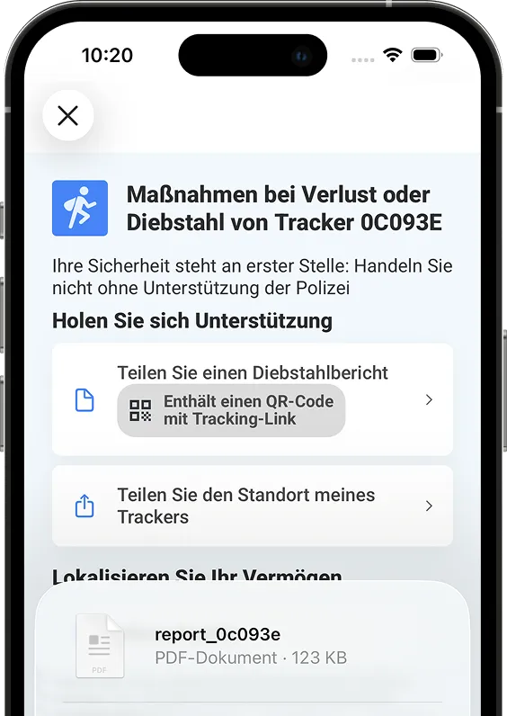 Ein Screenshot der Seite mit der Diebstahlmeldung in der Invoxia GPS-App.