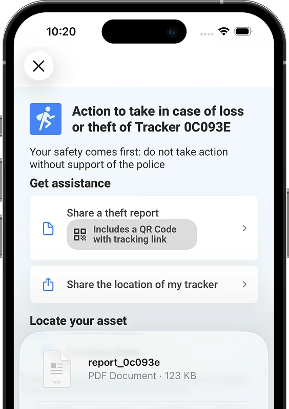 A screenshot of the theft report page on the Invoxia GPS app.
