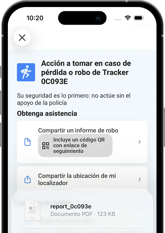 Captura de pantalla de la página de denuncia de robo de la aplicación Invoxia GPS.