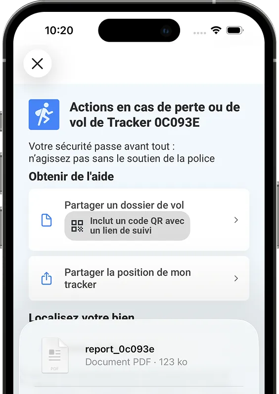 Capture d'écran de la page de déclaration de vol de l'application GPS Invoxia.
