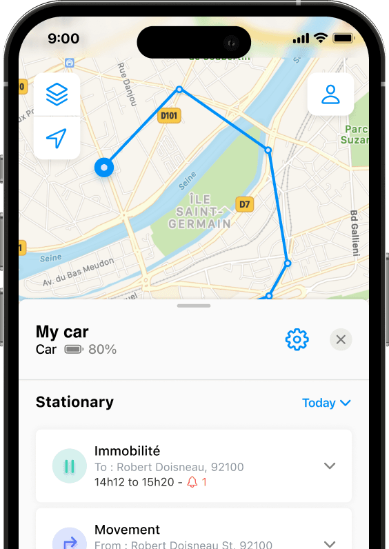 Trip history screen of the Invoxia app