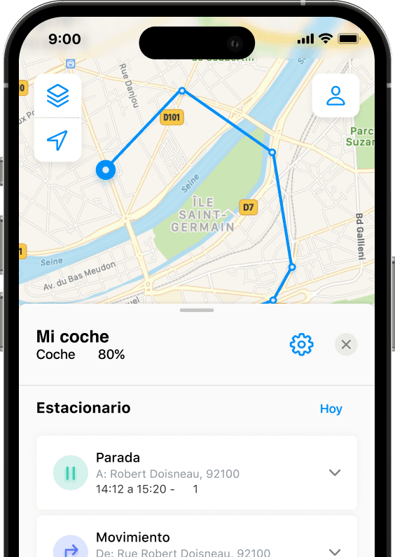 Pantalla de historial de trayectos de la aplicación Invoxia