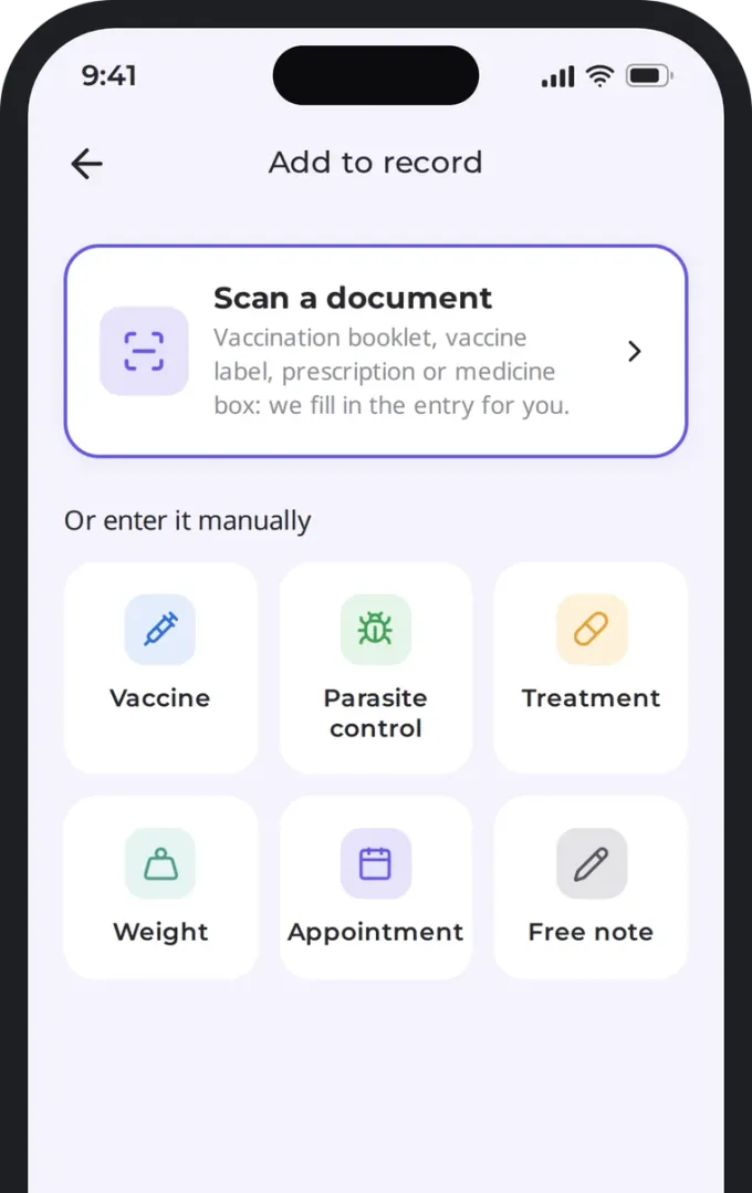 Adding a vet document by scan or by hand