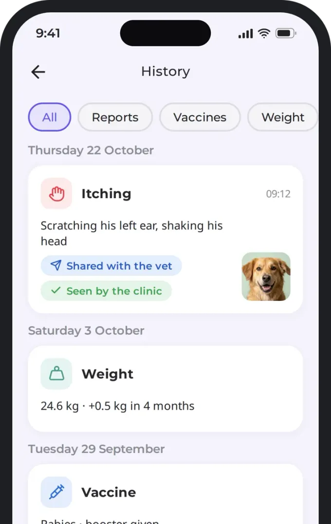 Health record history with reports, vaccines and weigh-ins