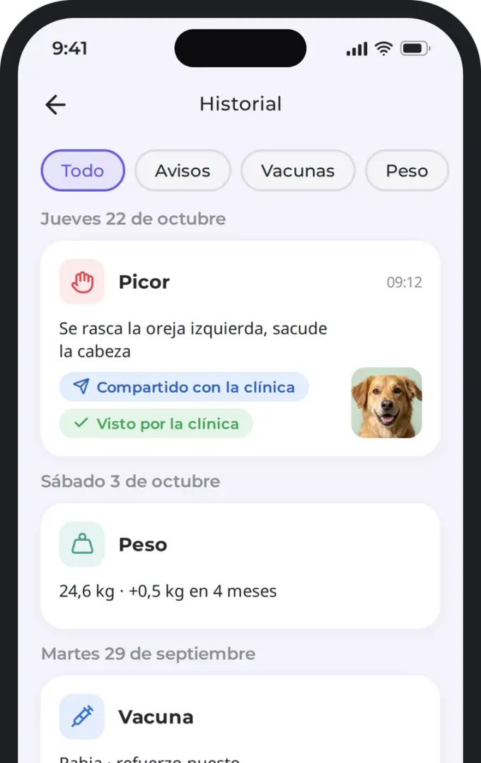Historial de las entradas de la cartilla sanitaria