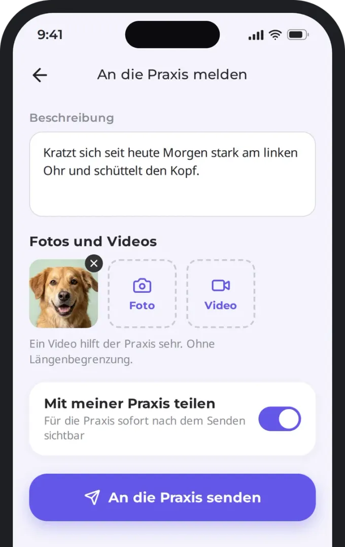 Foto hinzufügen und Meldung an die Praxis senden