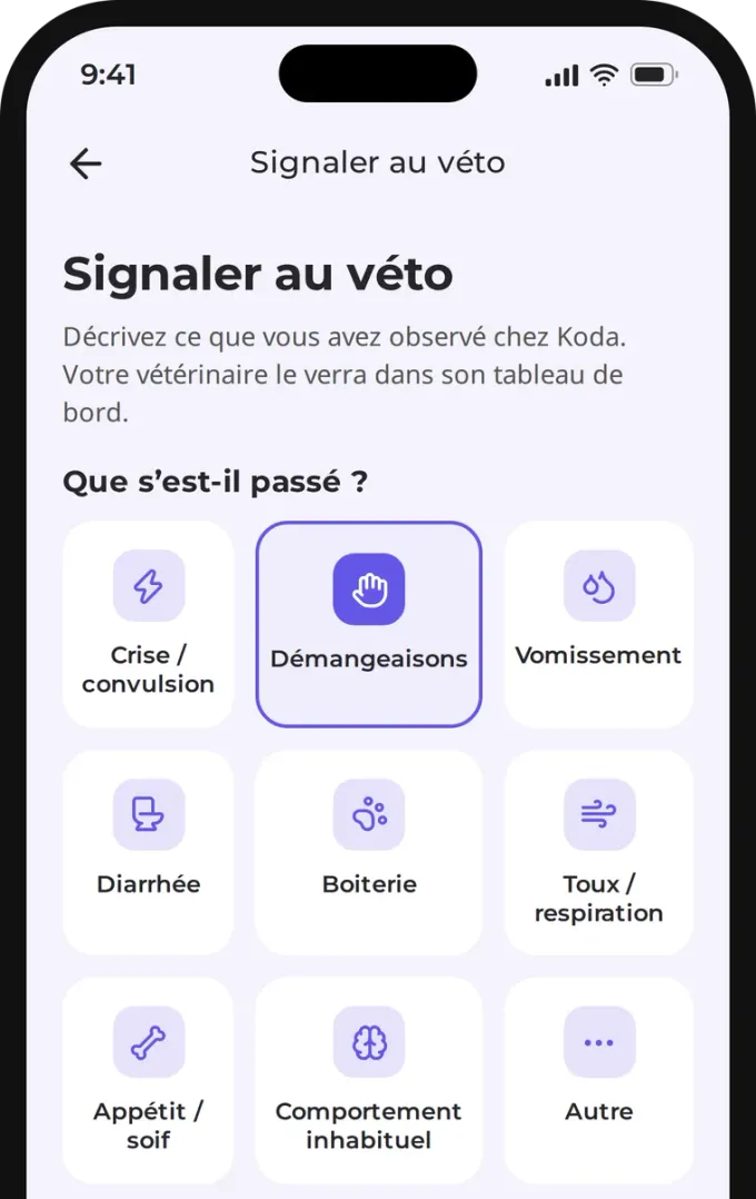 Choix du symptôme à signaler au vétérinaire