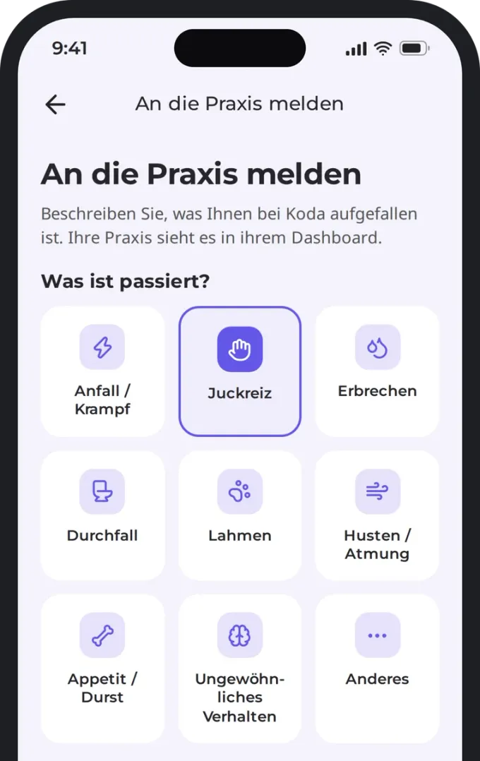 Symptom für die Meldung an die Tierarztpraxis auswählen