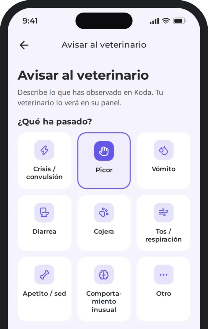 Elegir el síntoma que se avisa al veterinario
