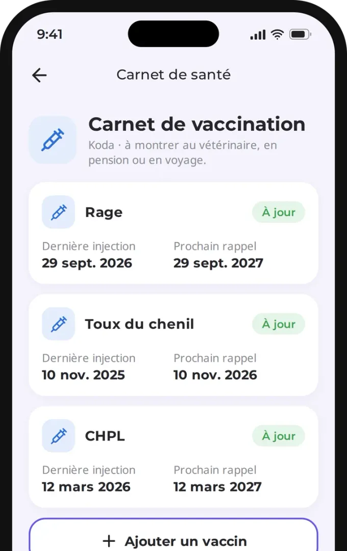Carnet de vaccination avec dates de rappel