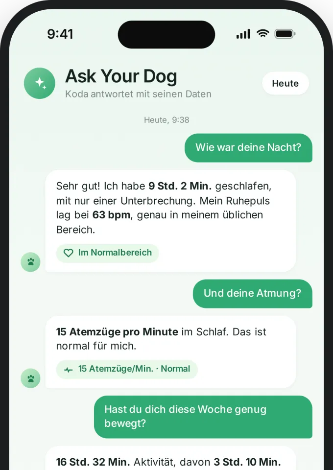 Ask Your Dog auf dem Smartphone: Gespräch mit Koda über Schlaf, Herz, Atmung und Aktivität