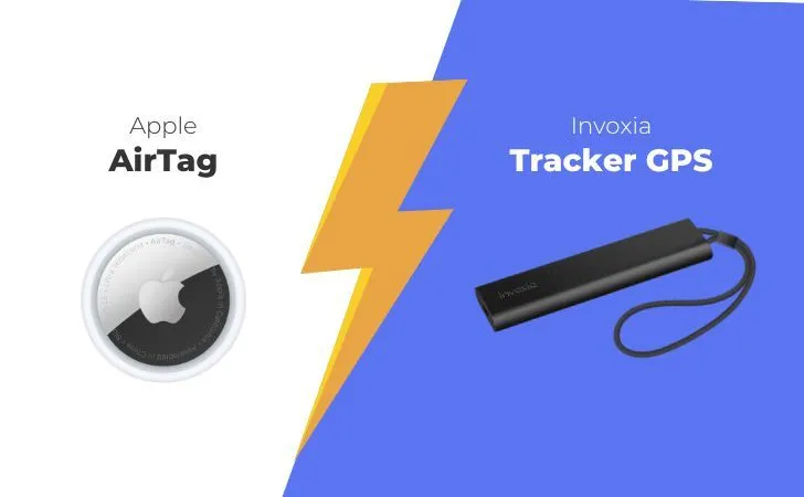 Image comparant un AirTag à côté d’un traceur GPS Invoxia