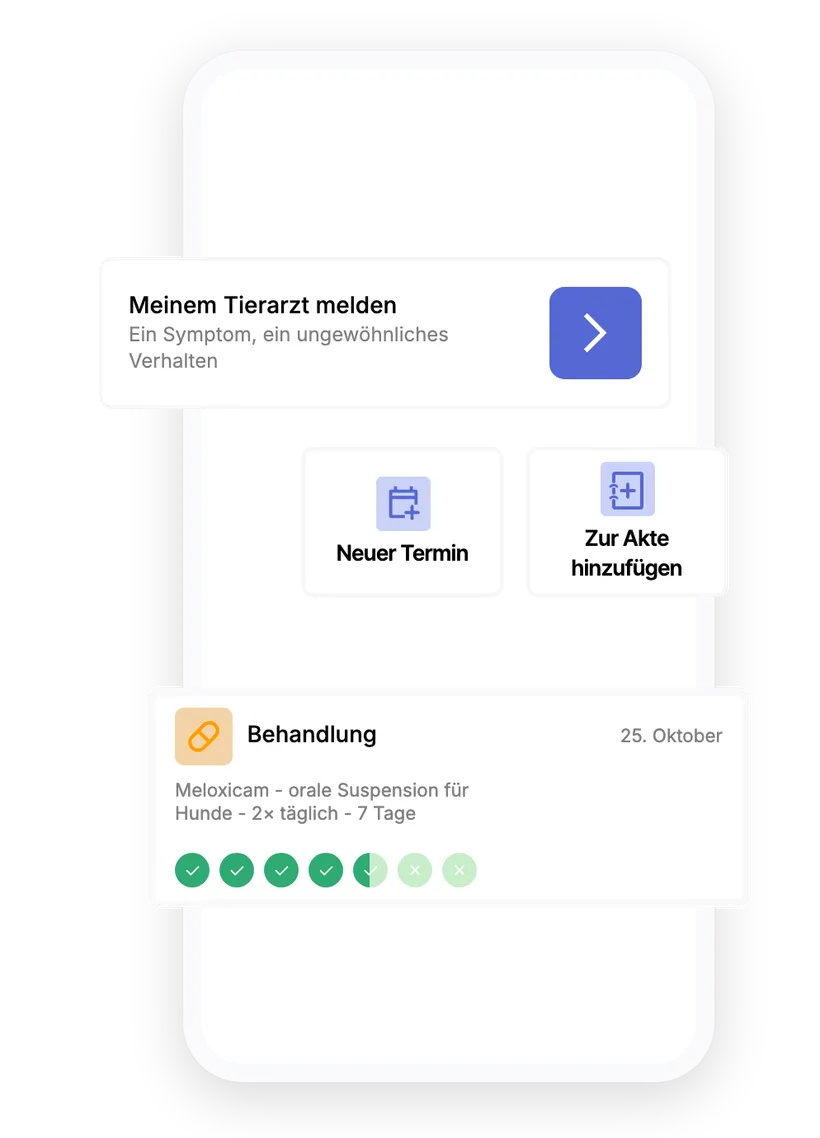 Screenshot der Gesundheitsakte in der Biotracker App für Hunde: Meldung eines Symptoms an den Tierarzt, Hinzufügen eines Termins oder eines Eintrags und Verfolgung der Einnahmen einer Behandlung.