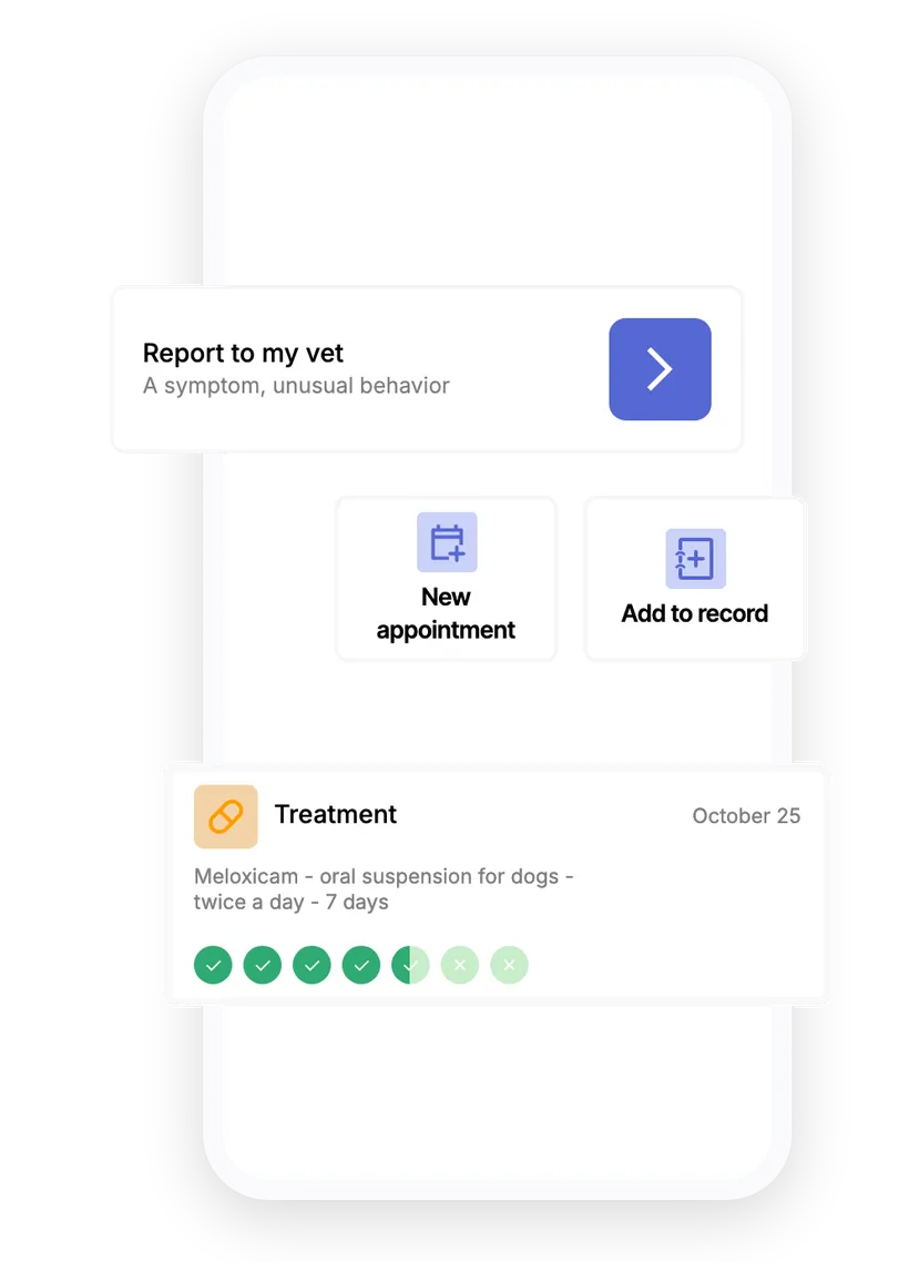 Screenshot of the health record in the Biotracker app for dogs: reporting a symptom to the vet, adding an appointment or a record entry, and tracking the doses of a treatment.